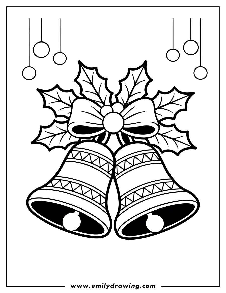 Outline of two jingle bells decorated with holly leaves, berries, and a ribbon. Ornaments hang in the background.