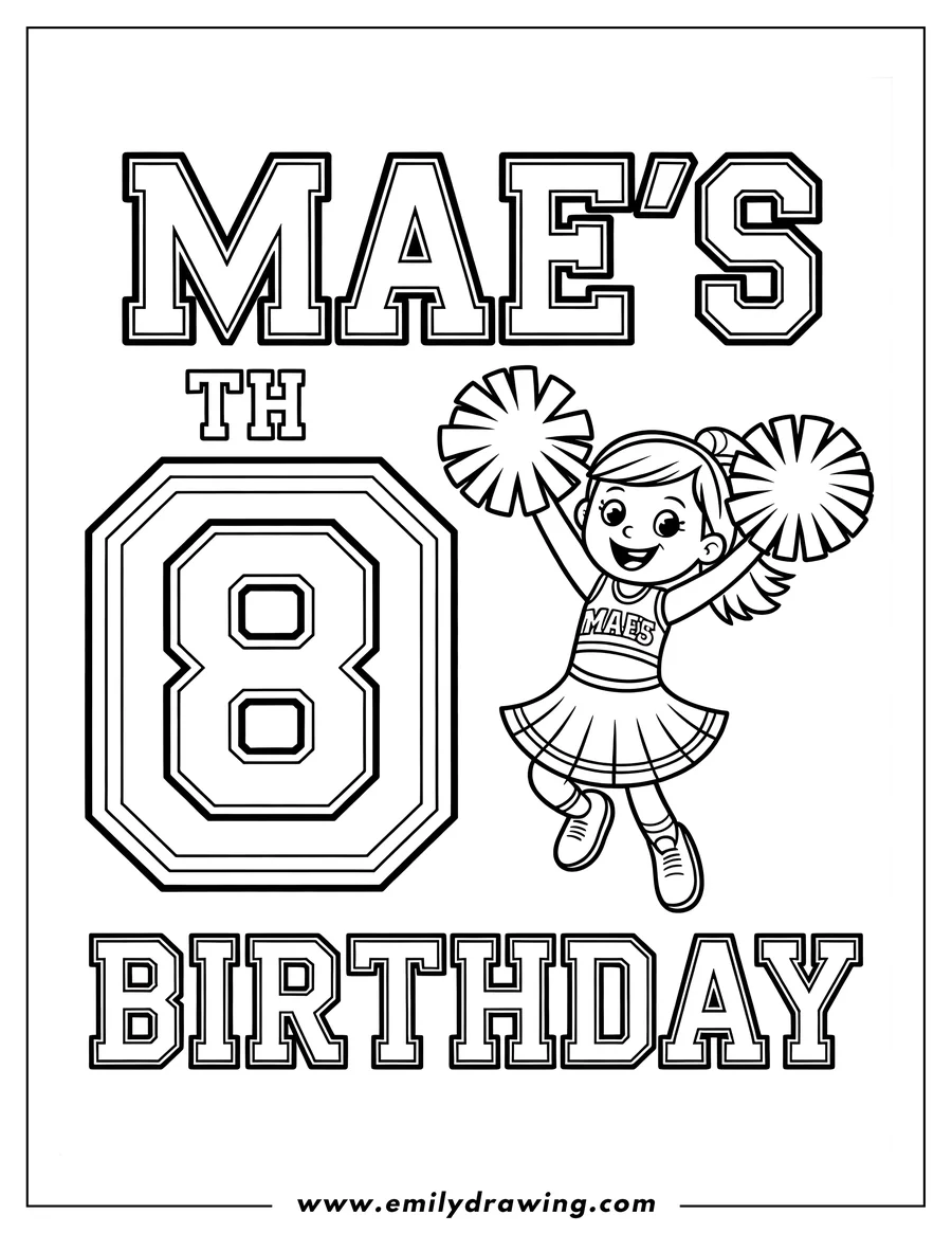 Line art of a cheerful cheerleader jumping in the air with pom-poms. She's wearing a uniform that says 