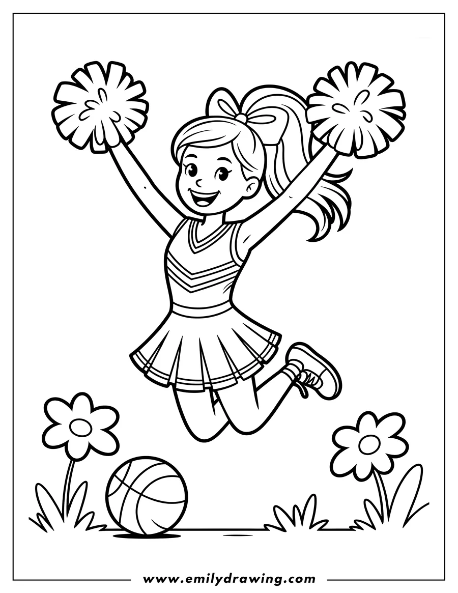 Outline of a cheerleader jumping high in the air, holding pom-poms. A basketball and flowers are visible in the background.