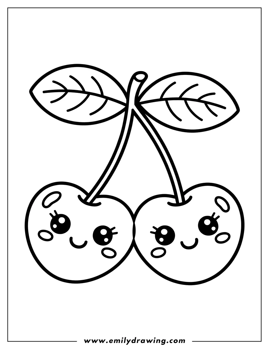 Line art of two kawaii cherries with smiling faces and large eyes, attached to a single stem with two leaves.