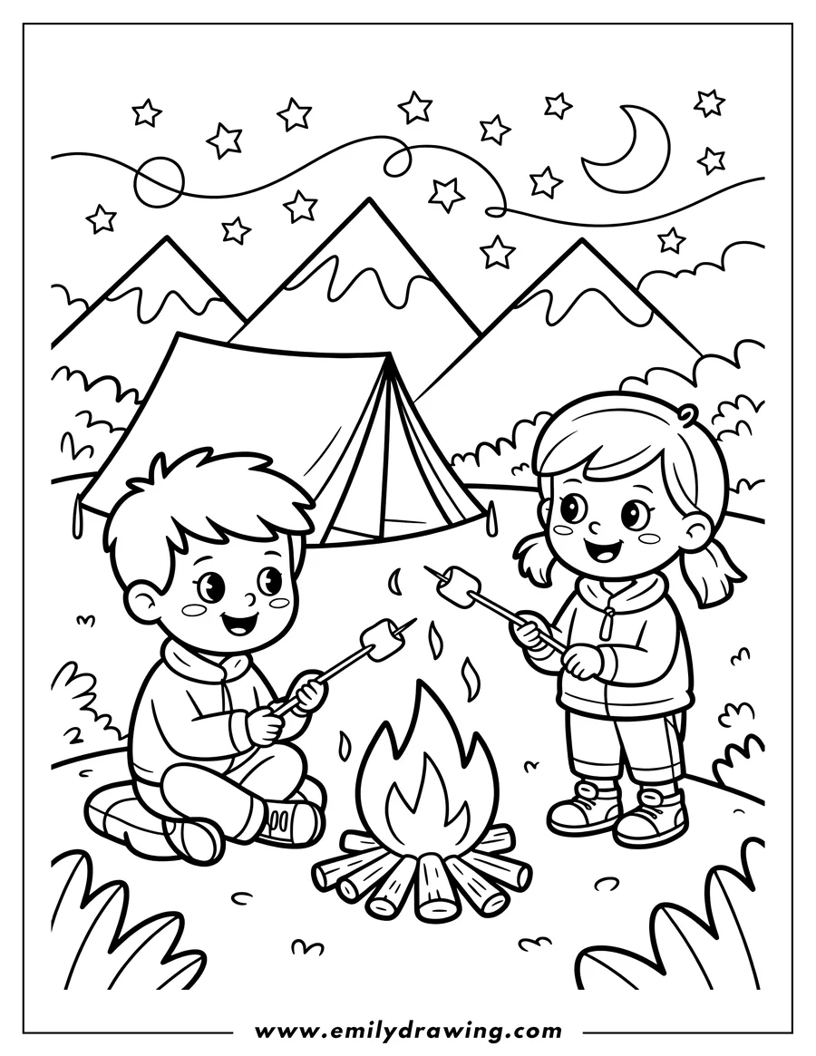 Line art of two children roasting marshmallows over a campfire at night. A tent is pitched nearby, and mountains are visible in the background under a starry sky with a crescent moon.