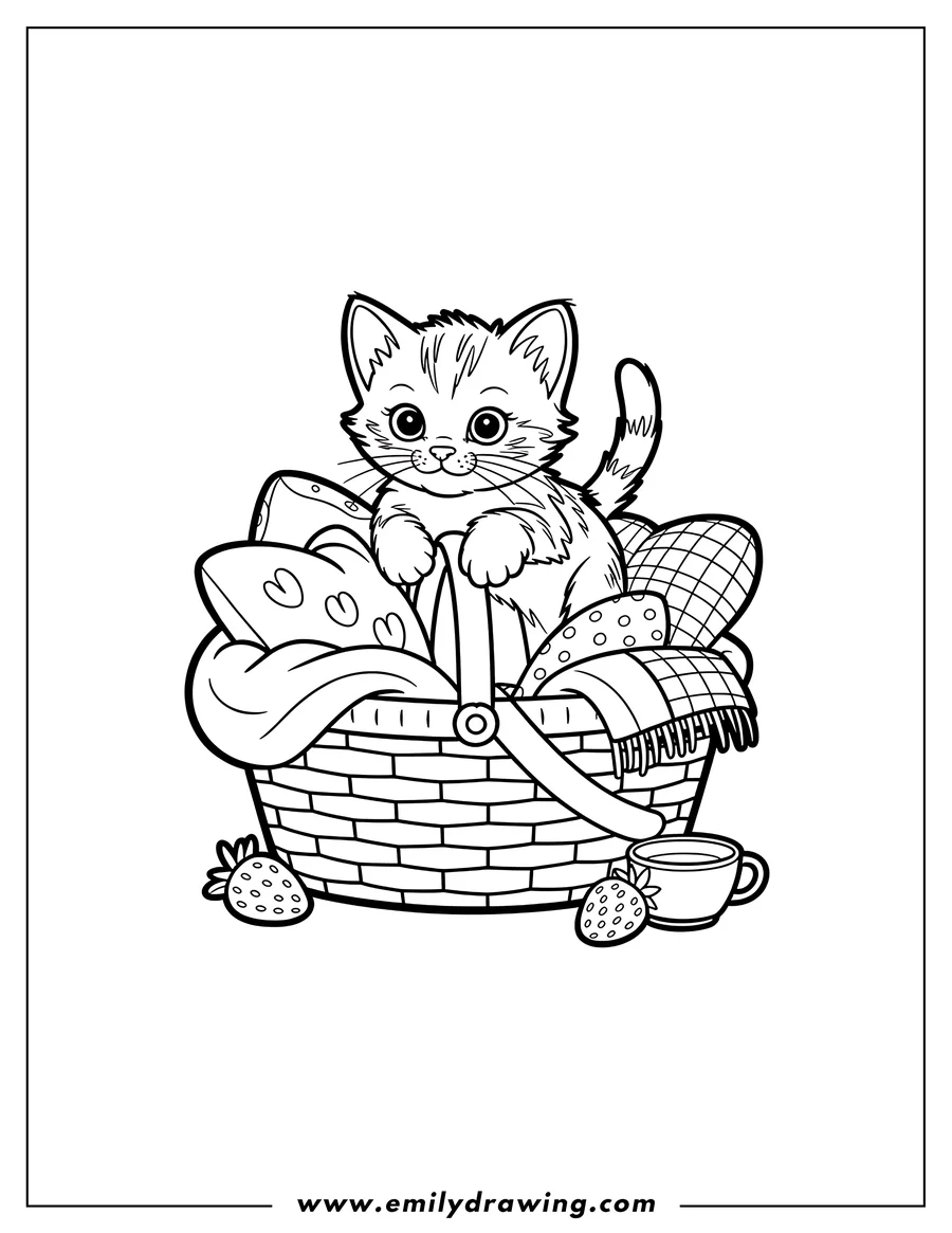 Outline of a kitten sitting in a picnic basket with a blanket, strawberries, and a cup of tea.