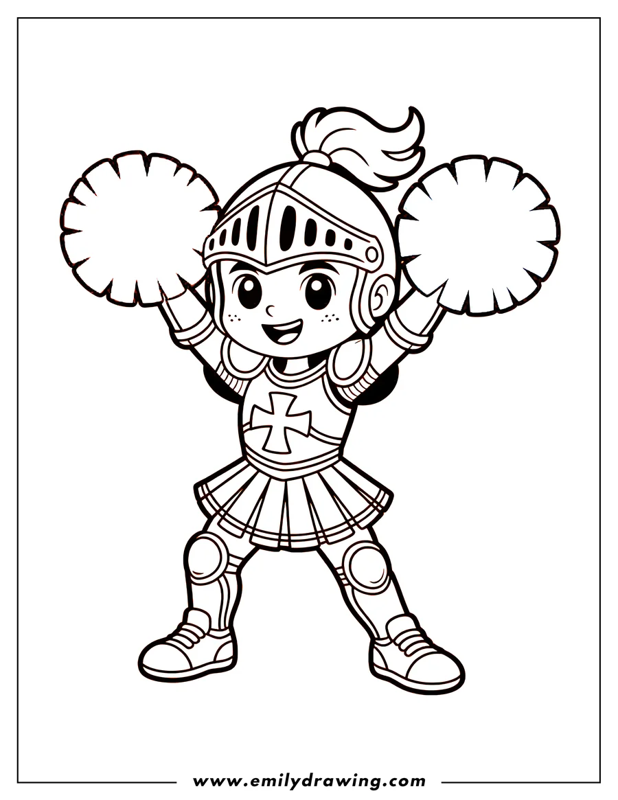 Line art of a cheerful knight dressed in armor, holding pom-poms