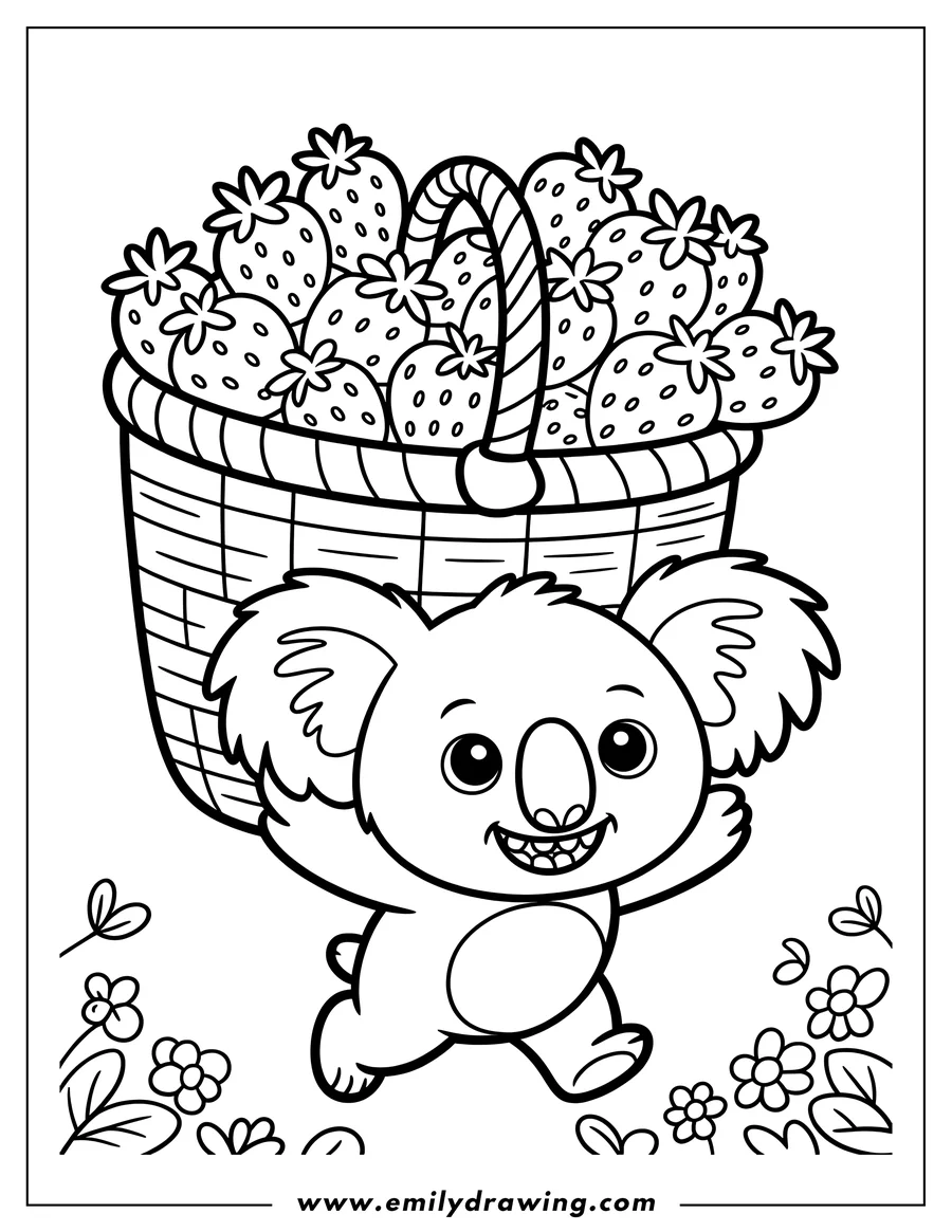 Line art of a koala carrying a basket overflowing with strawberries.  Small flowers dot the ground around the koala's feet.