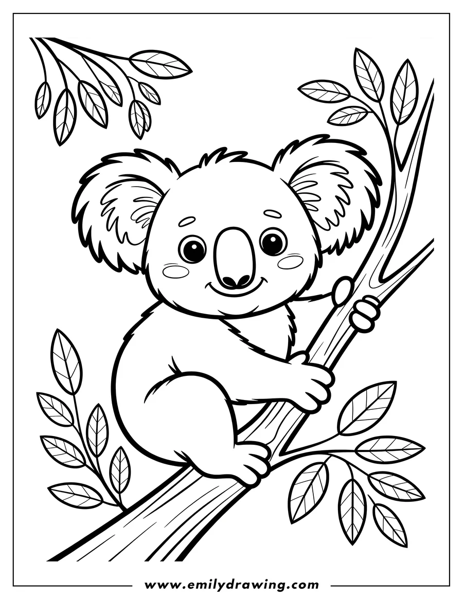 Outline of a koala holding onto a tree branch. It has large fluffy ears and is smiling.