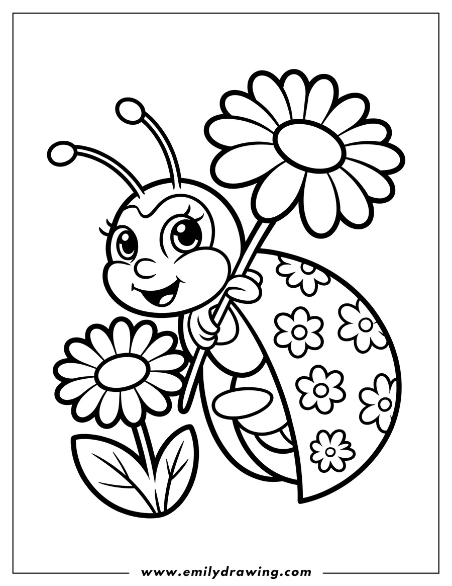 Line art of a ladybug holding a daisy. Its shell is decorated with small flower shapes, and another daisy grows nearby.