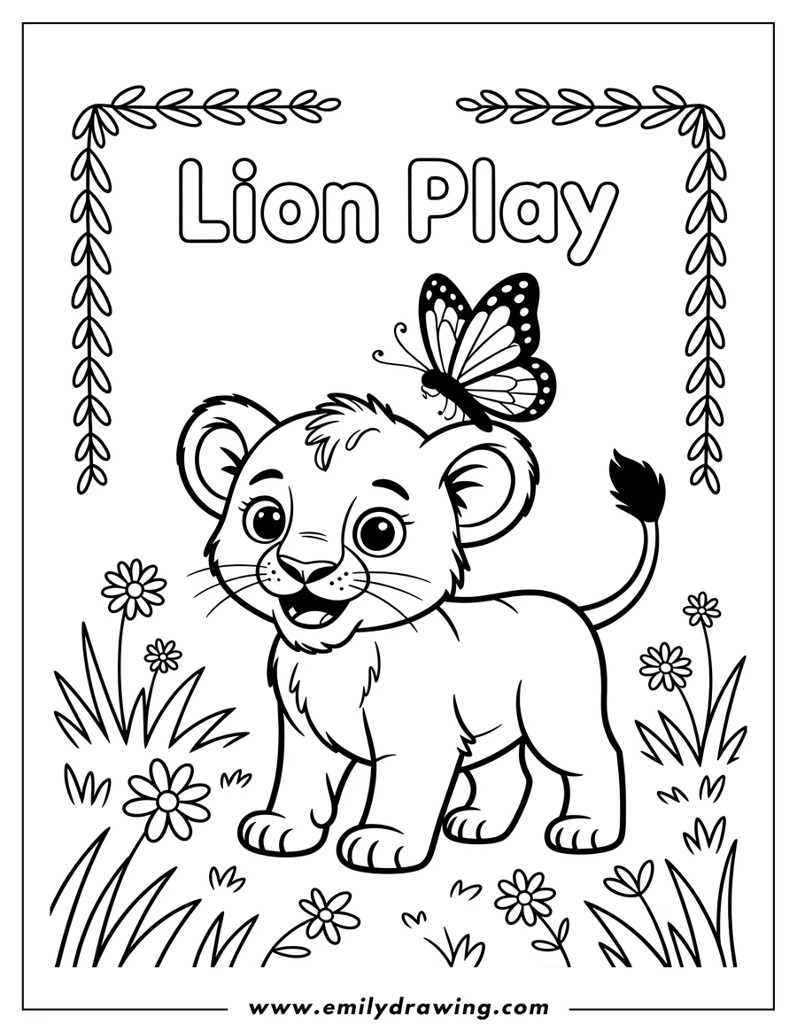 Outline of a lion cub with a butterfly perched on its head, standing in a field of flowers and grass.