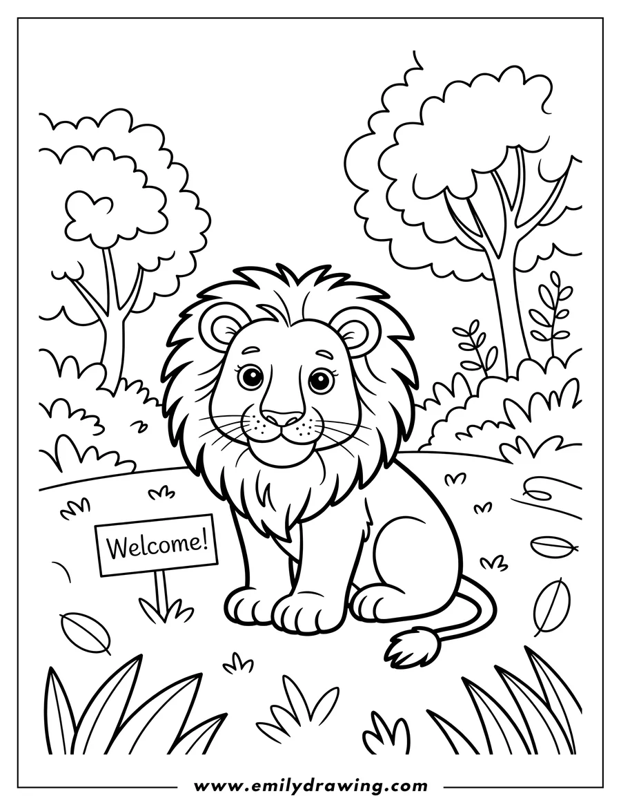 Outline of a lion sitting next to a Welcome sign. The lion has a fluffy mane and tail. There are trees and foliage in the background.