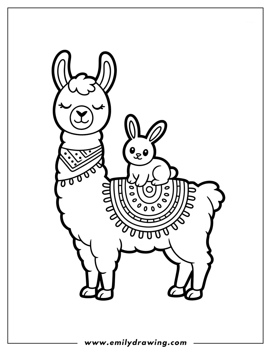 Outline of a llama with a decorative blanket and a small rabbit sitting on its back