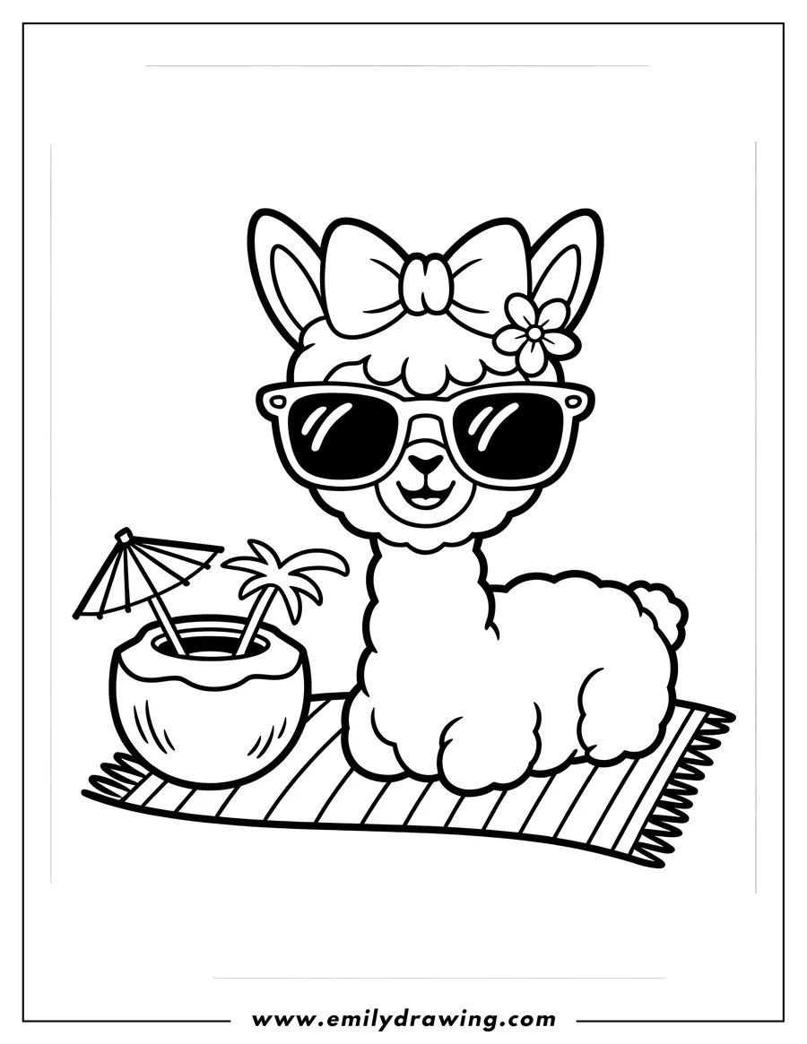 Outline of a llama wearing sunglasses and a bow, relaxing on a striped beach towel with a coconut drink.