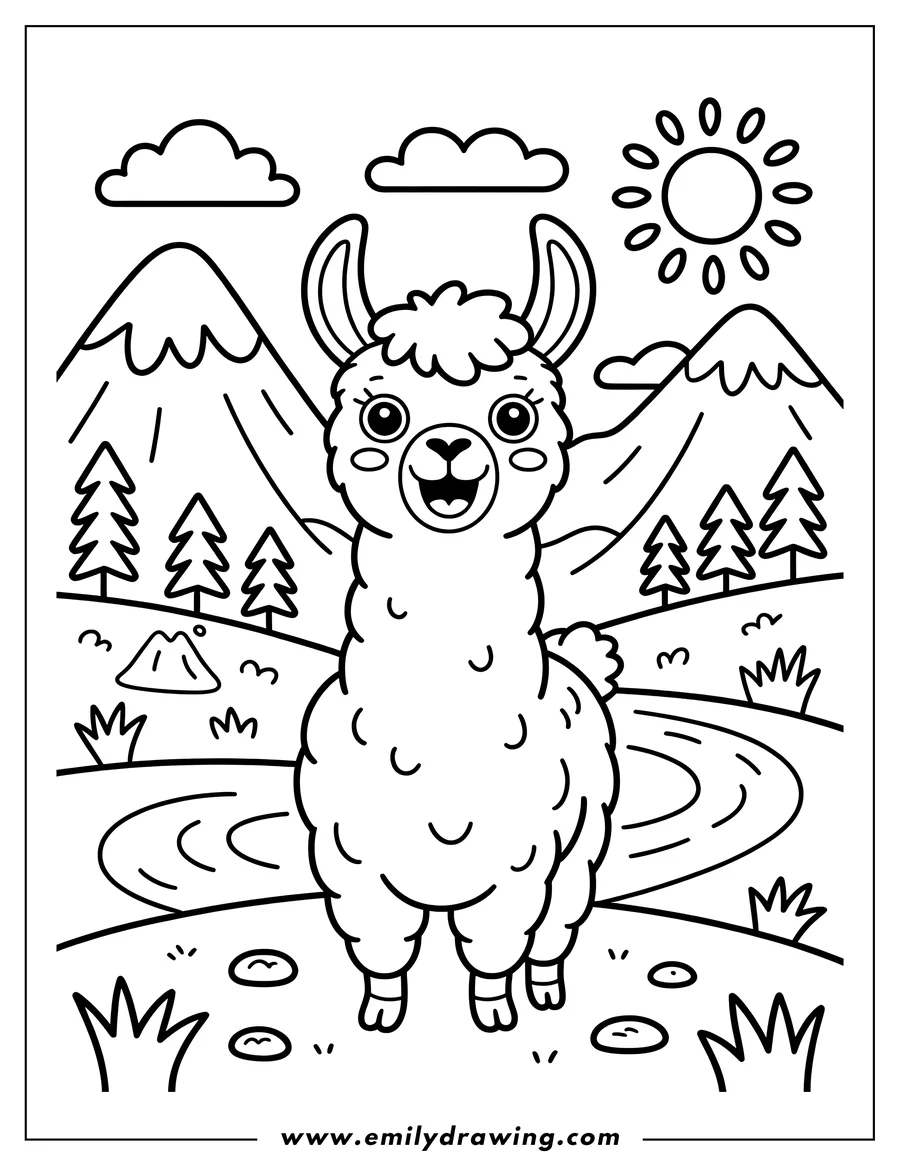 Outline of a llama standing by a river with mountains, trees, and a bright sun in the background.