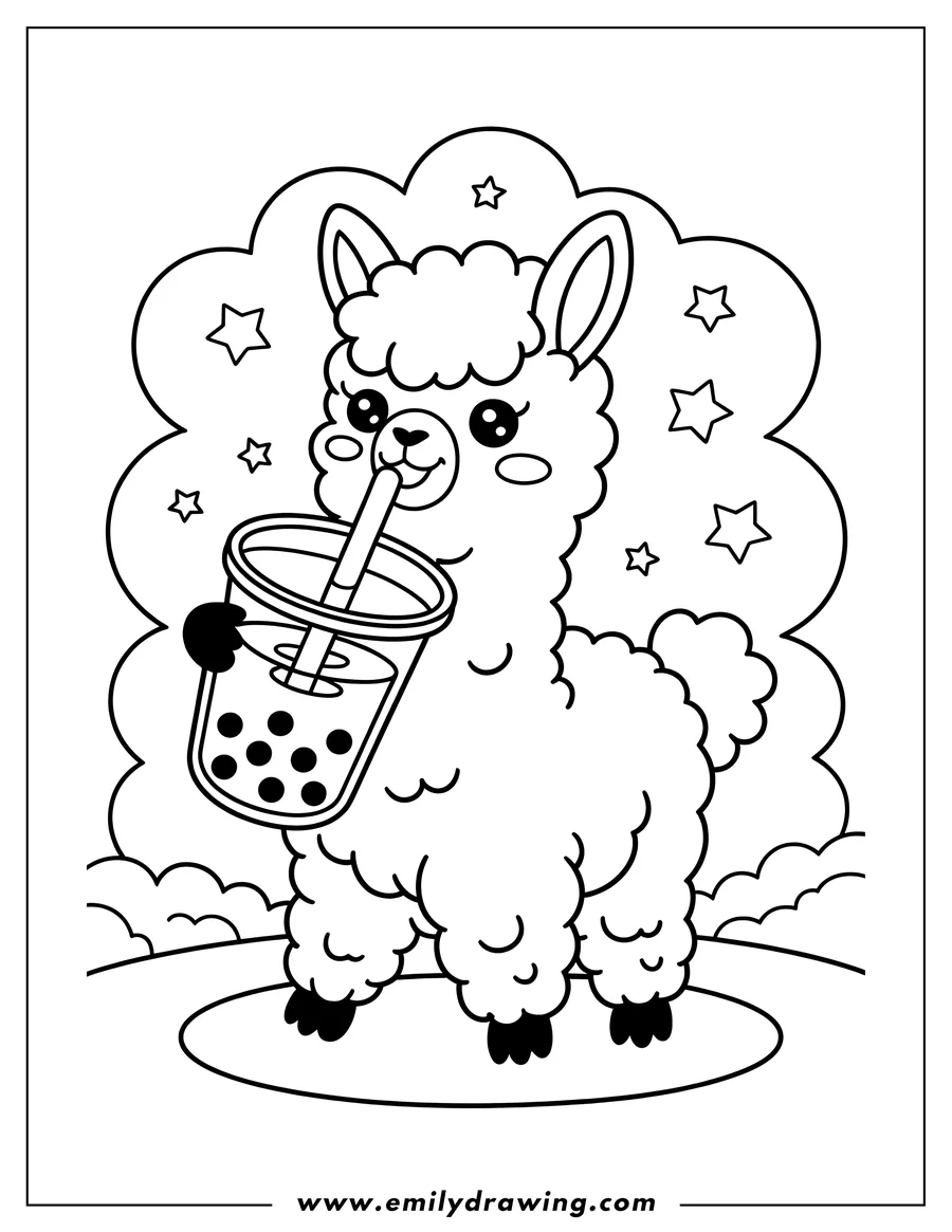 Line art of a llama drinking boba tea with a straw. Stars and clouds decorate the background.