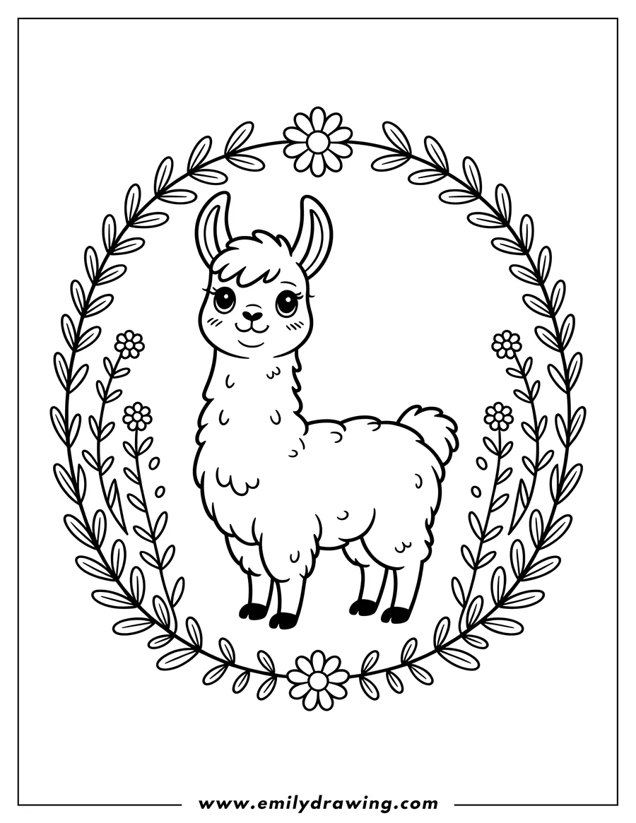 Outline of a llama standing inside a circular wreath decorated with leaves and flowers.