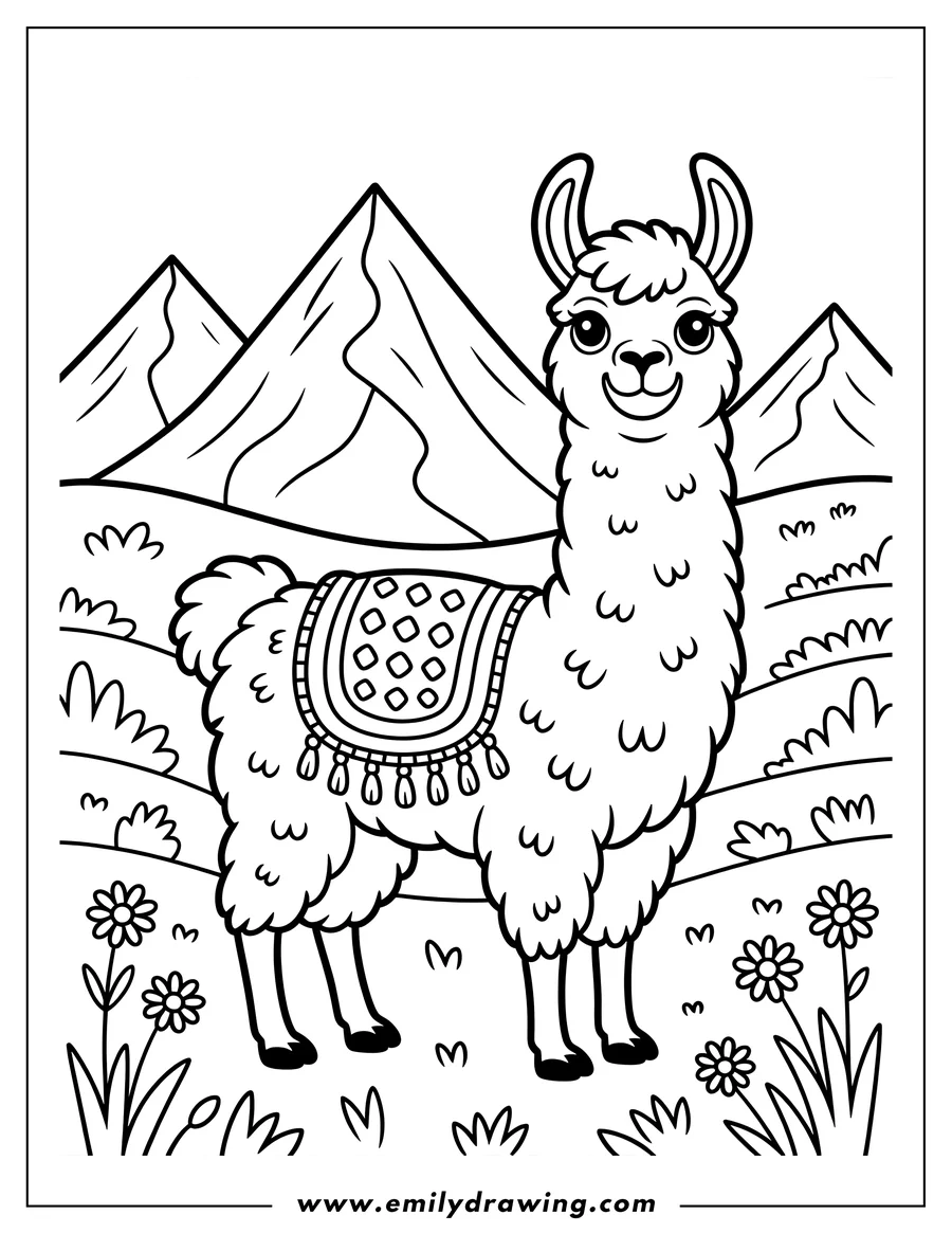 Outline of a llama standing in a field of flowers with mountains in the background.