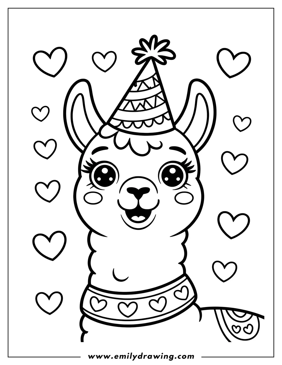 Outline of a llama wearing a festive party hat and a collar decorated with hearts, surrounded by floating hearts.