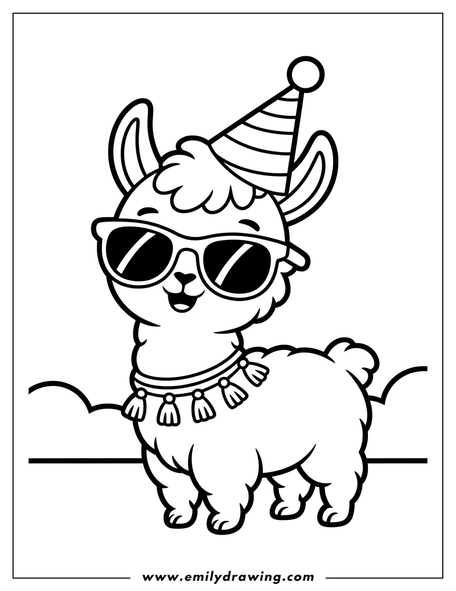 Line art of a llama wearing a striped party hat, sunglasses, and a tasseled necklace. The llama looks happy and ready to celebrate.