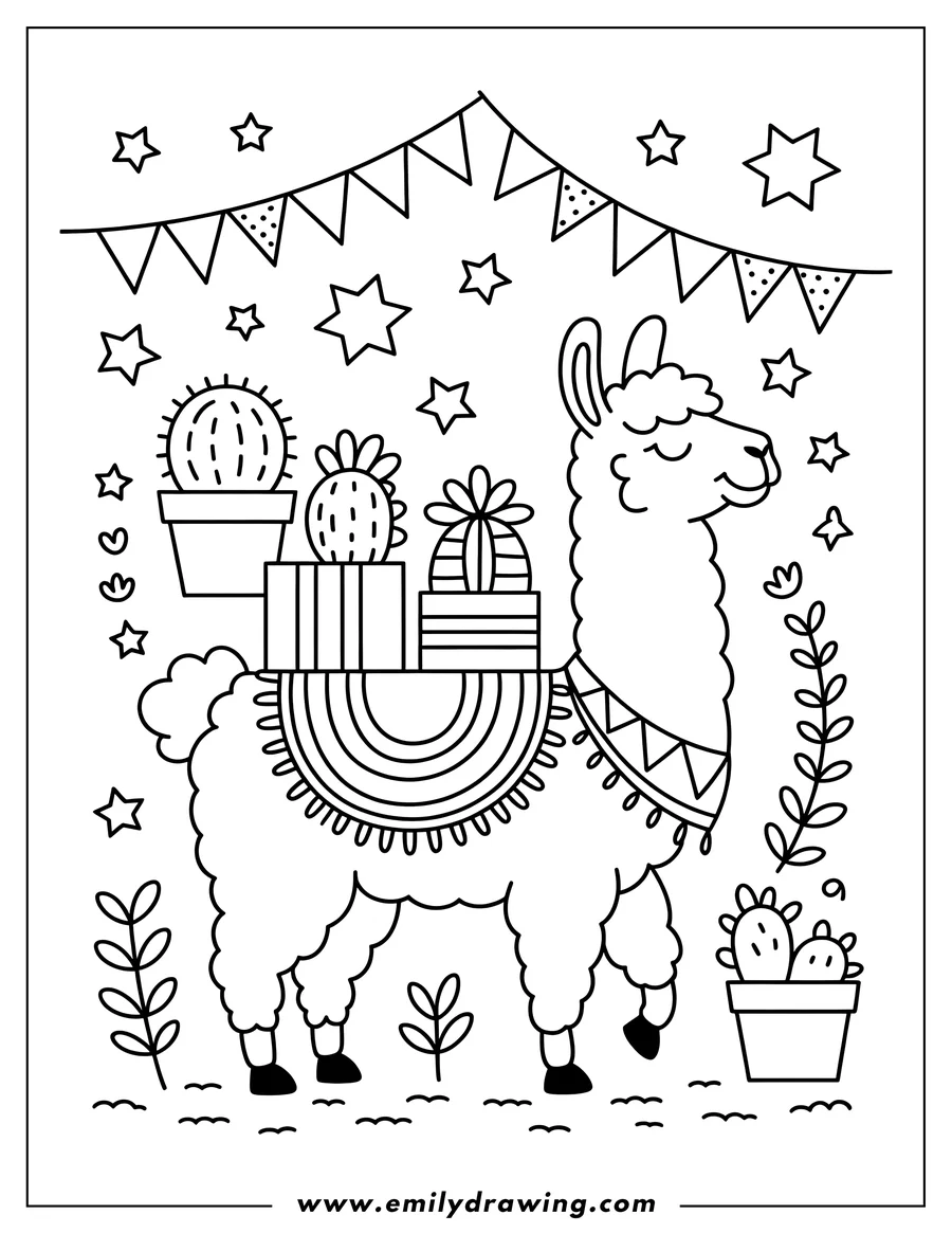 Line art of a llama carrying presents on its back, decorated with a patterned blanket. Cacti and stars add to the scene.