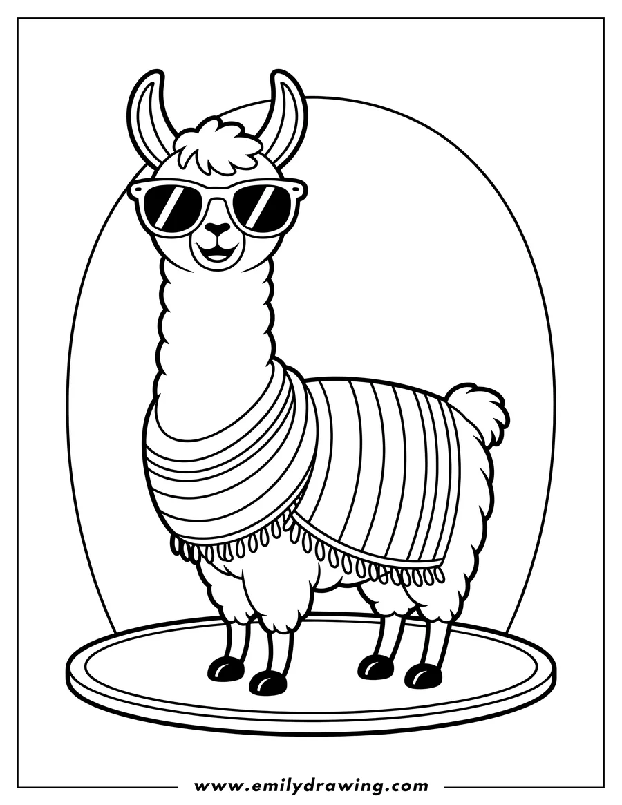 Outline of a llama wearing sunglasses and a striped blanket