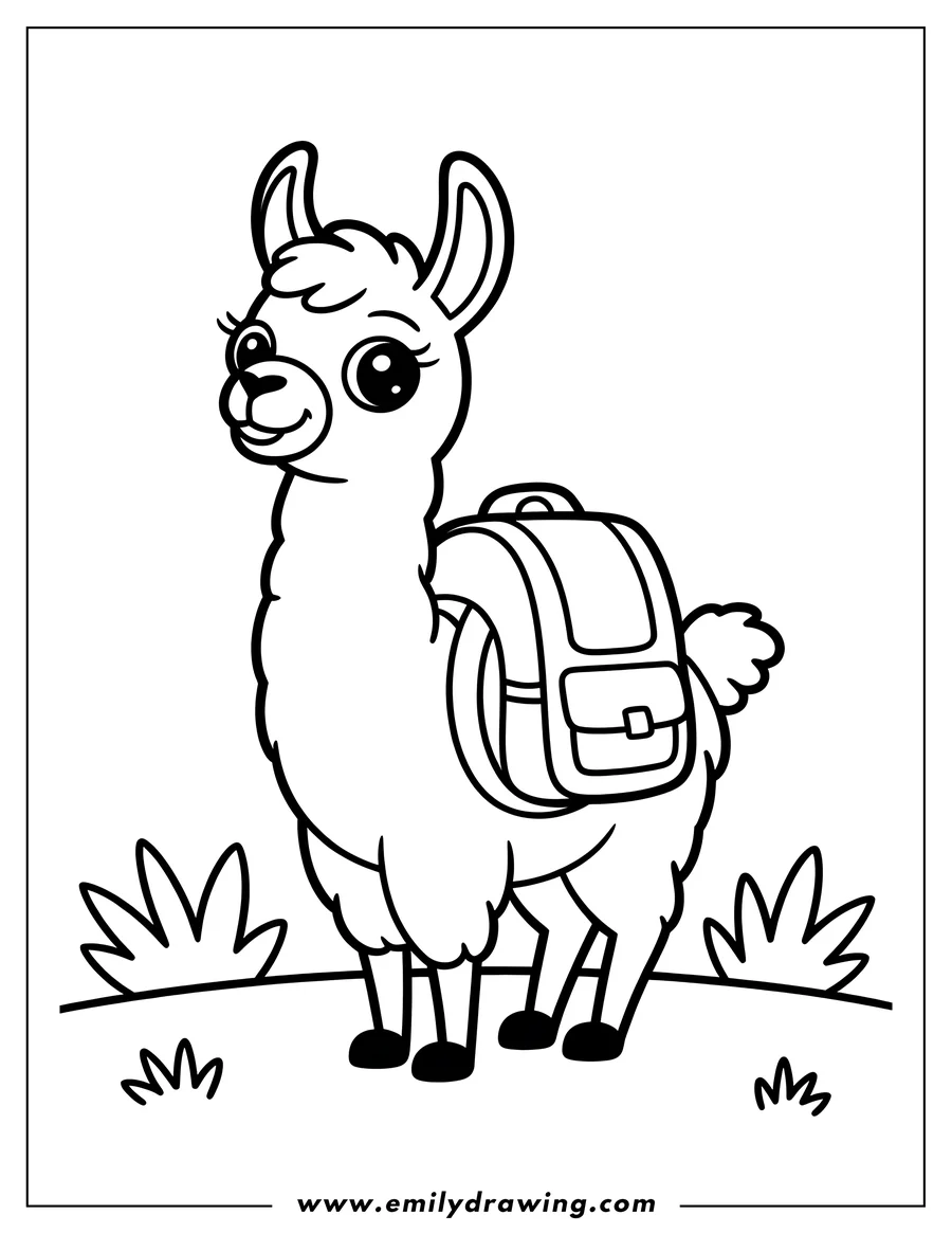 Outline of a llama wearing a backpack, standing in a grassy area.