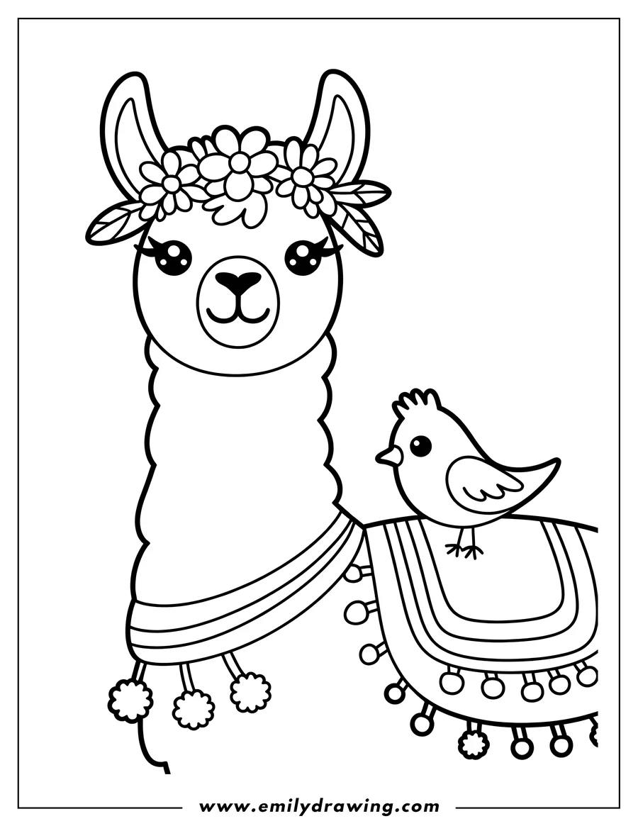 Outline of a llama wearing a decorated blanket with a small bird perched on its back. The llama has a flower crown on its head.