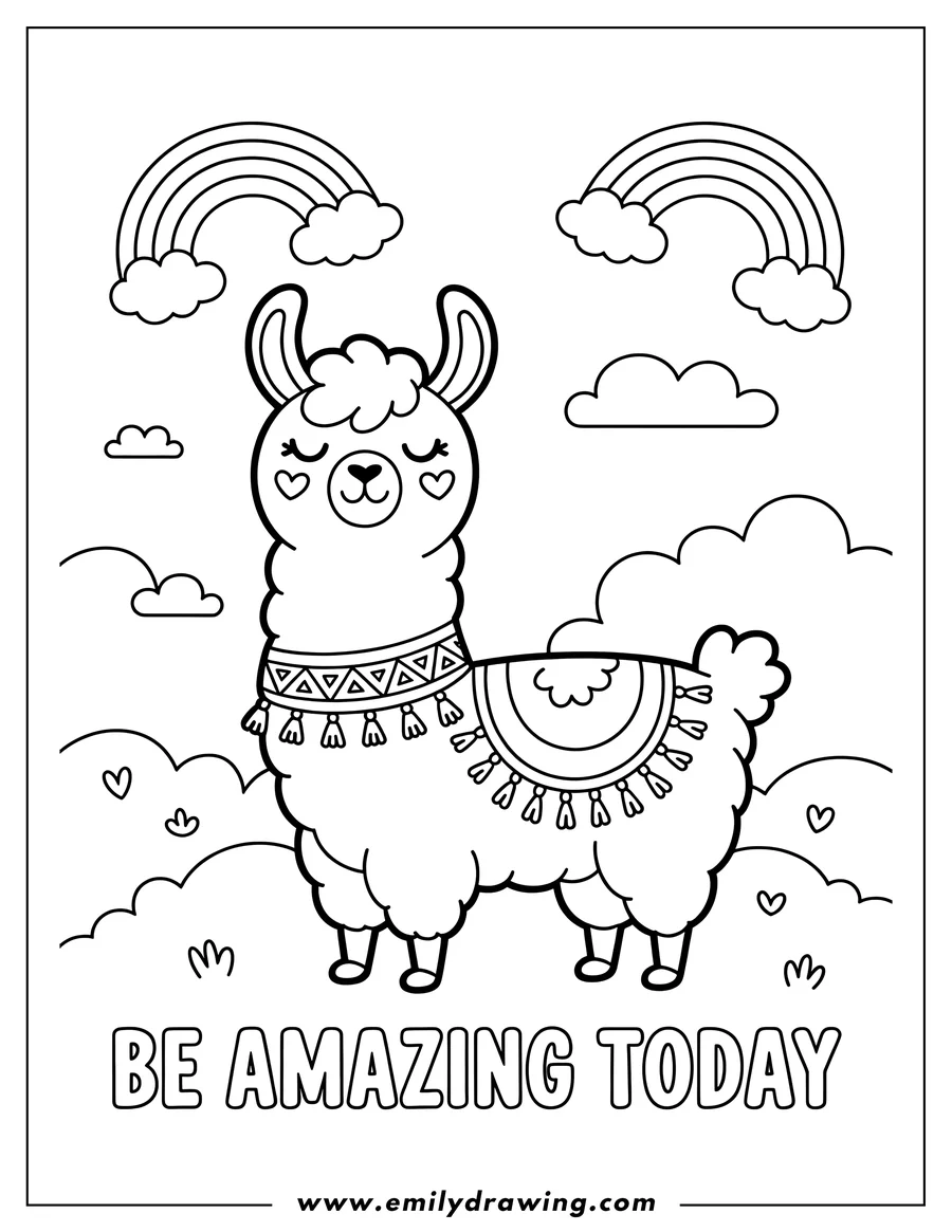 Outline of a llama wearing a patterned blanket with tassels, standing in a field with two rainbows and fluffy clouds overhead.