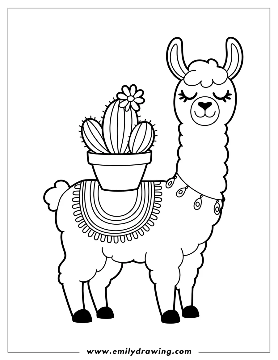 Outline of a llama with a potted cactus on its back, wearing a decorated blanket.