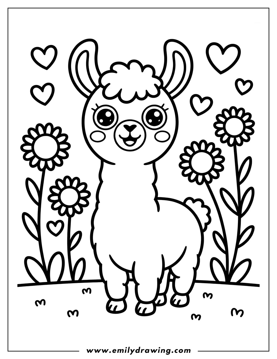 Outline of a llama standing in a field of flowers with hearts floating around. The llama has large, friendly eyes and a fluffy coat.