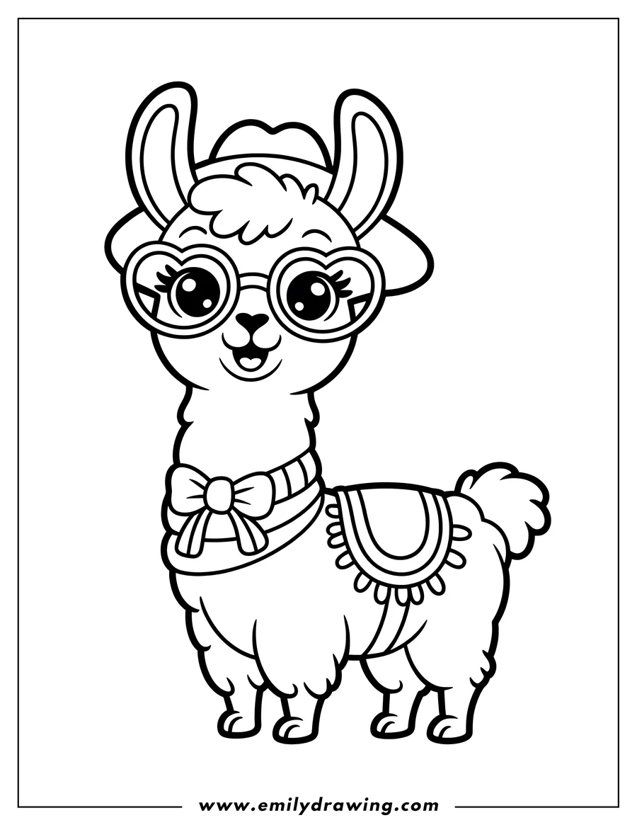 Outline of a llama wearing heart-shaped glasses, a hat, and a decorative blanket.