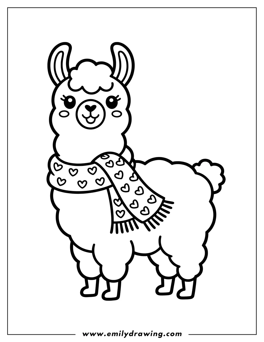 Outline of a llama wearing a scarf with hearts on it.