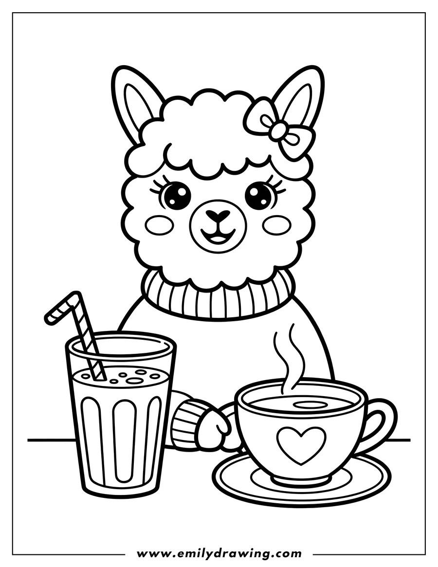 Outline of a llama wearing a striped sweater, holding a steaming cup of hot cocoa with a heart, and a glass with a straw.