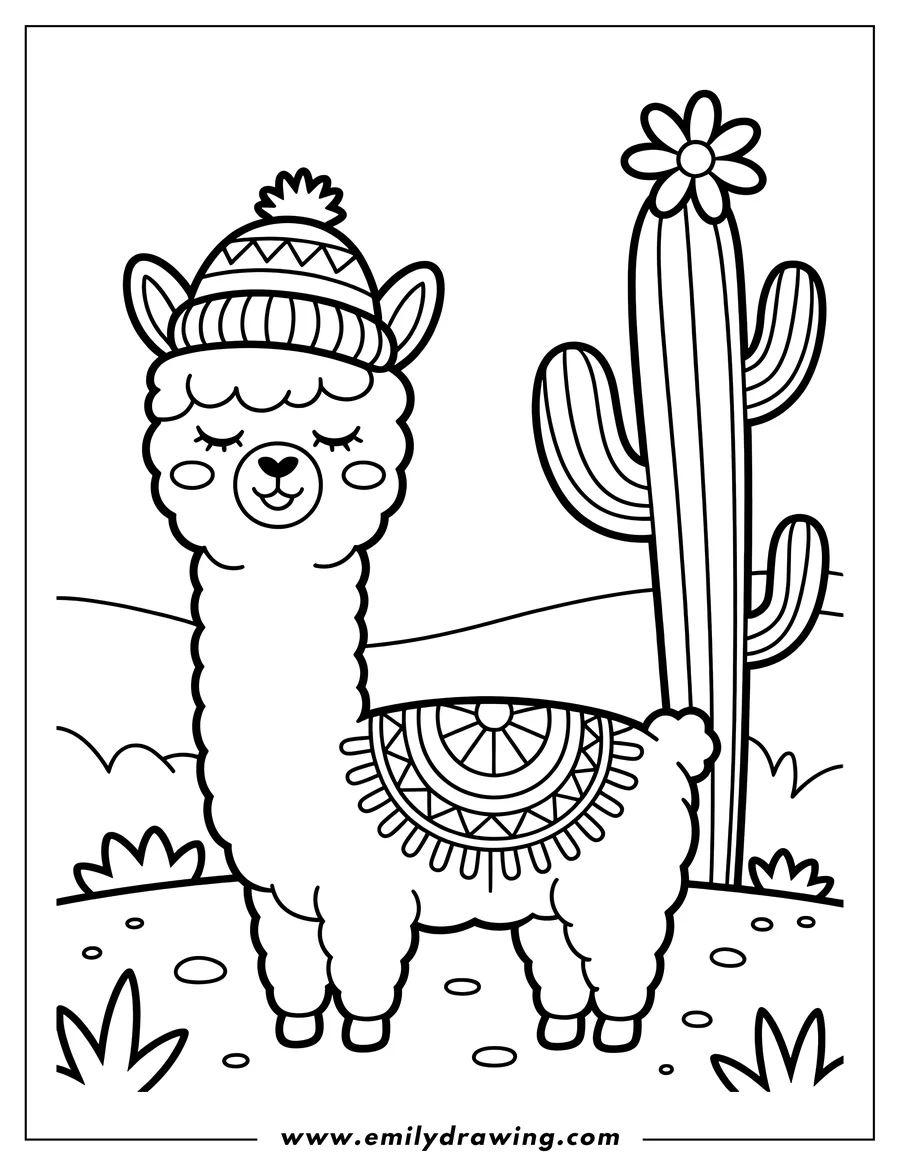 Outline of a llama wearing a winter hat, standing near a flowering cactus in a desert setting.