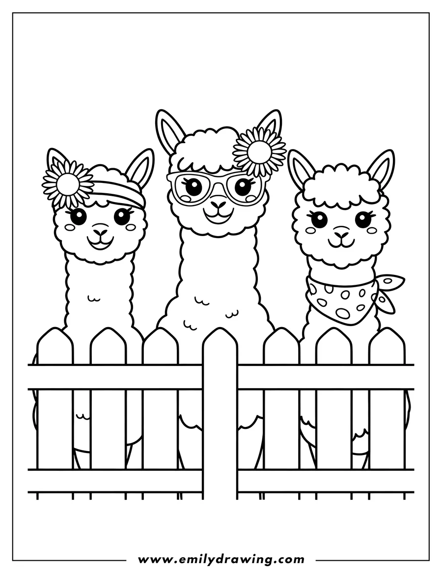 Outline of three llamas standing behind a wooden fence. They have flowers in their fur and one is wearing glasses.