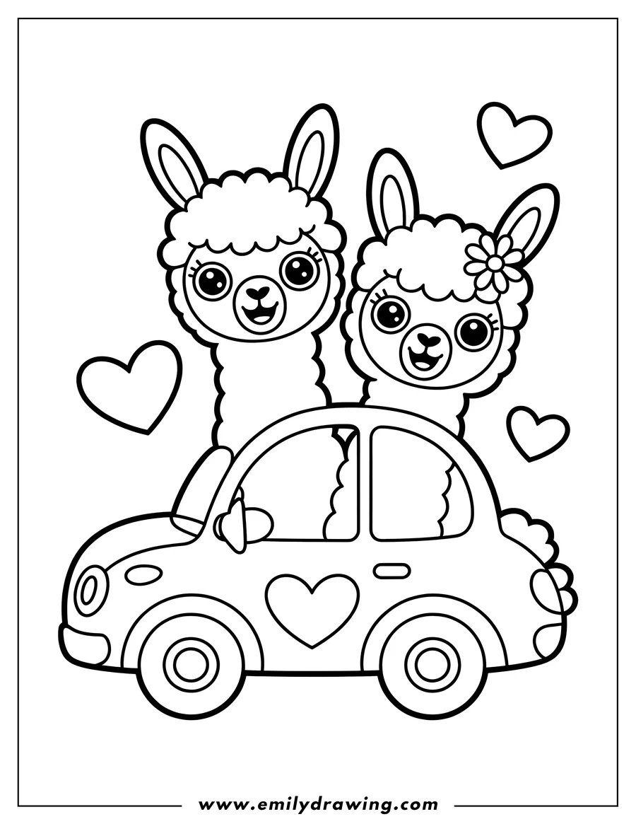 Outline of two llamas riding in a car decorated with hearts. One llama wears a flower.