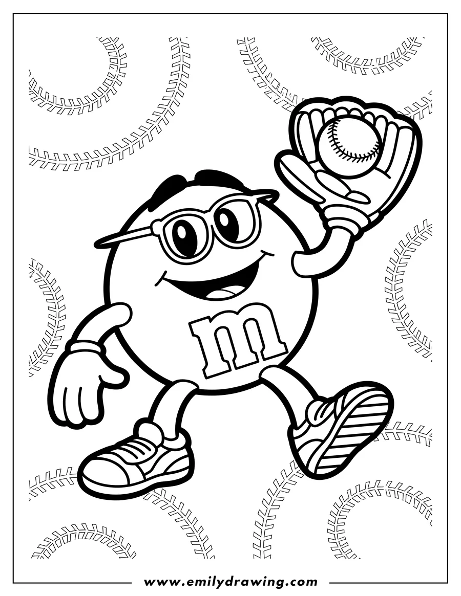 Line art of an M&M candy character playing baseball, wearing glasses and sneakers, holding a baseball glove with a baseball inside.