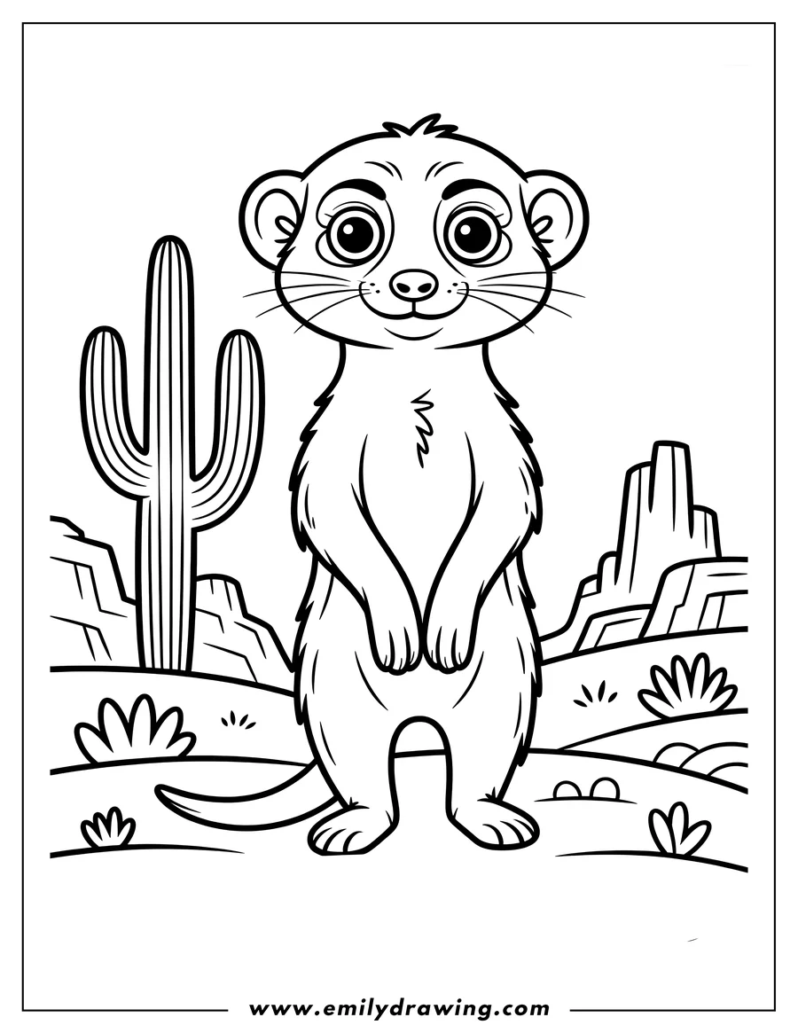 Line art of a meerkat standing in the desert, with a cactus and desert plants in the background.