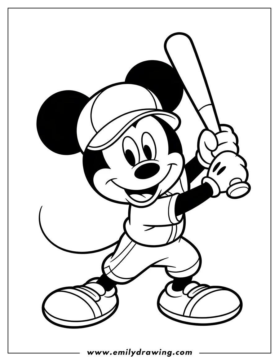 Line art of Mickey Mouse in baseball uniform, holding a bat and smiling, ready to play.
