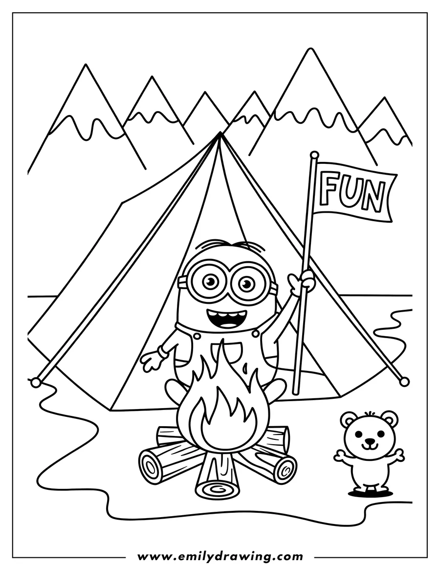Line art of a minion camping by a campfire with a tent in the background and a small teddy bear. The minion is holding a flag that says FUN.