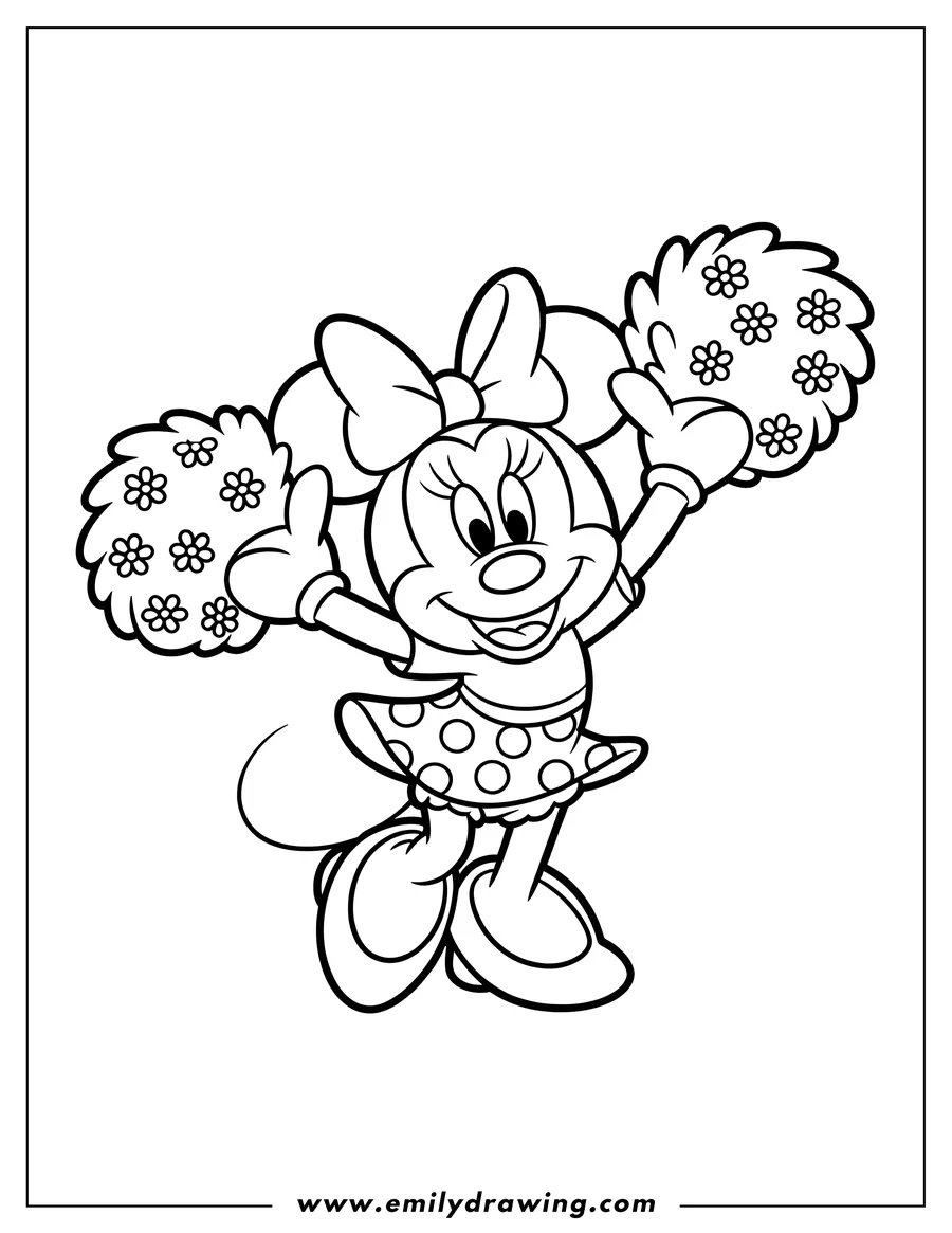 Line art of Minnie Mouse cheerleading with pom-poms.