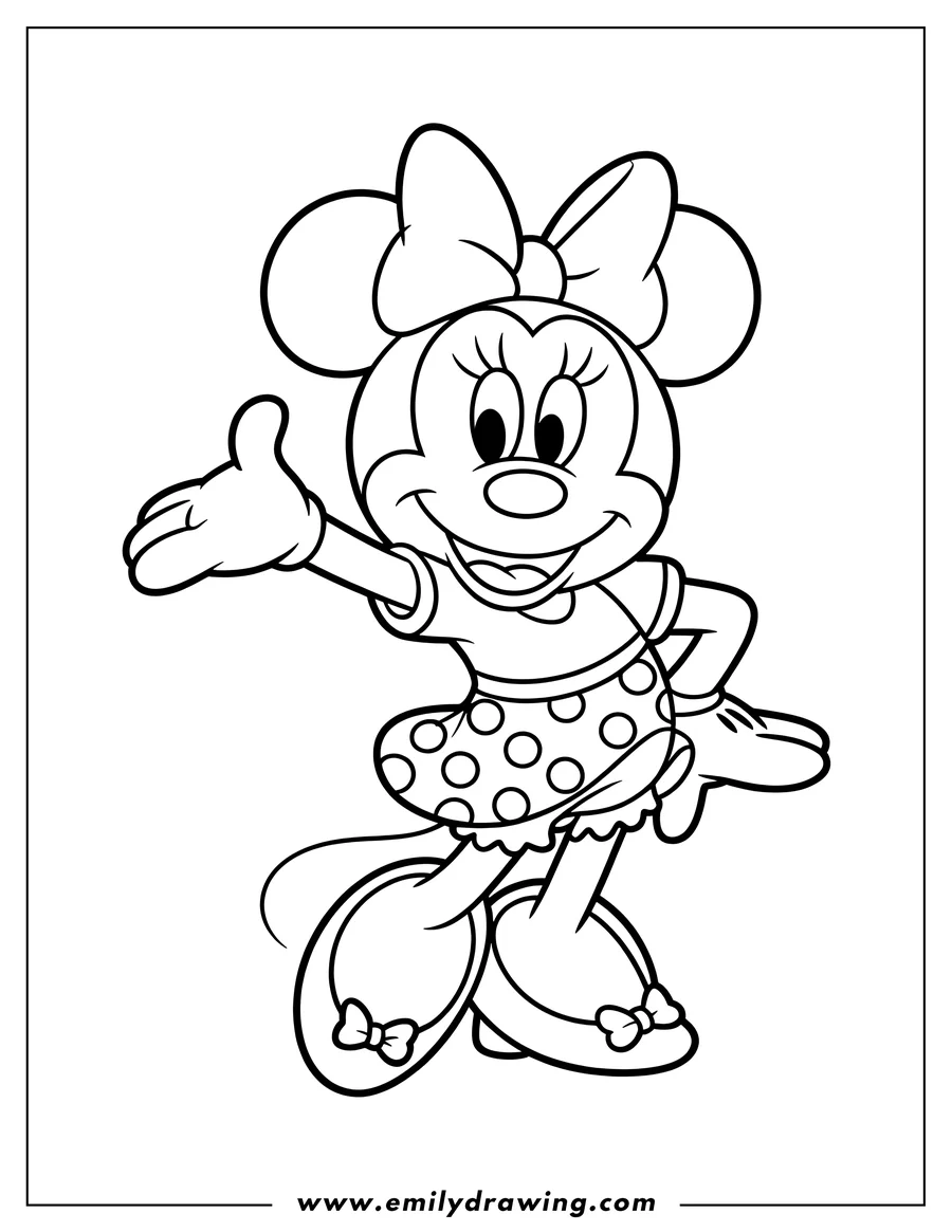Line art of Minnie Mouse waving, wearing her signature polka dot dress and bow.