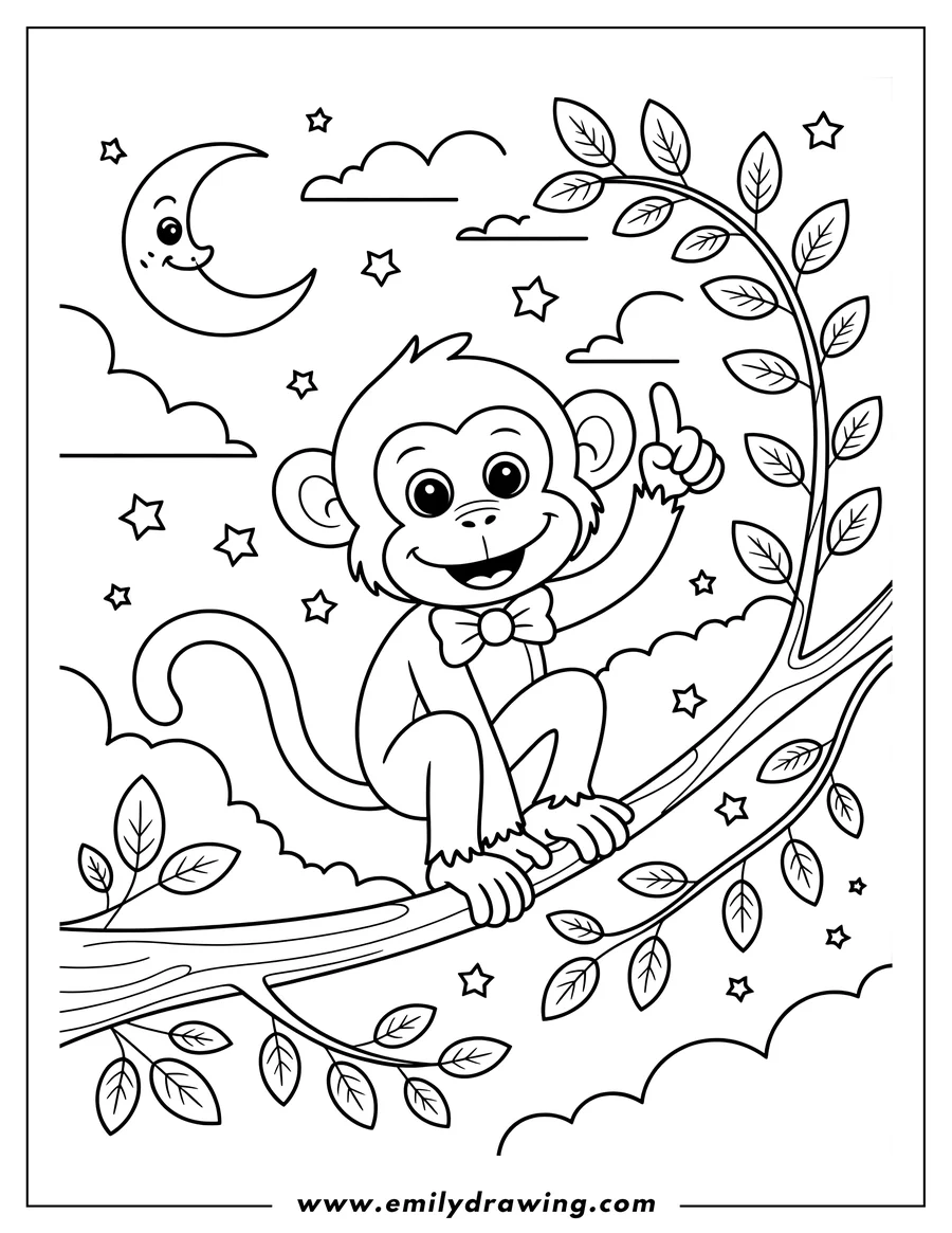Outline of a monkey with a bow tie sitting on a tree branch at night, pointing upwards with one finger. A crescent moon and stars are visible in the background.