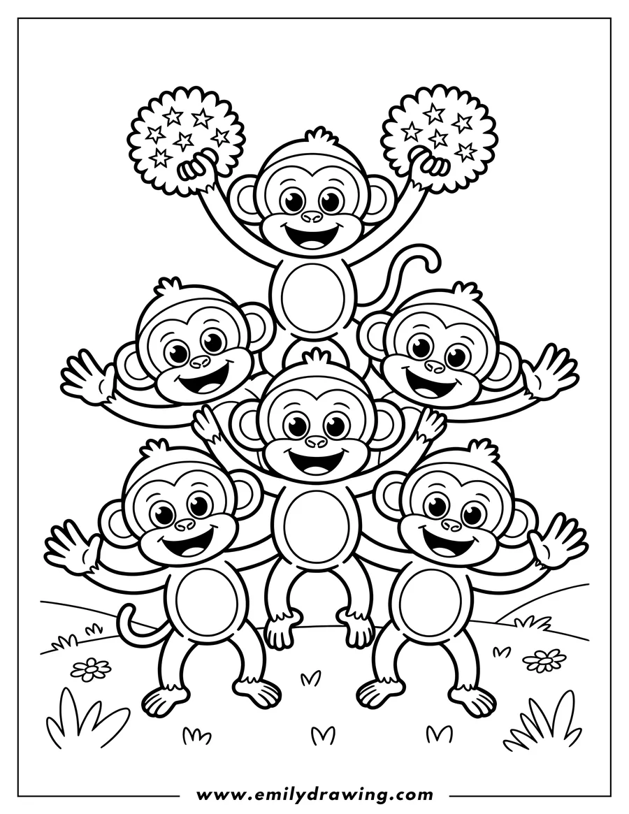 Five monkeys form a cheerleading pyramid, with the top monkey holding pom-poms.