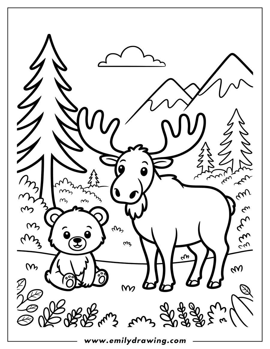Outline of a moose and a bear in a forest setting with trees and mountains in the background.