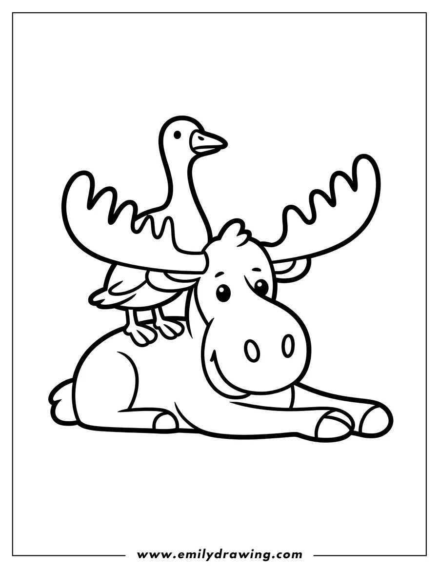Line art of a moose lying down with a duck sitting on its back.