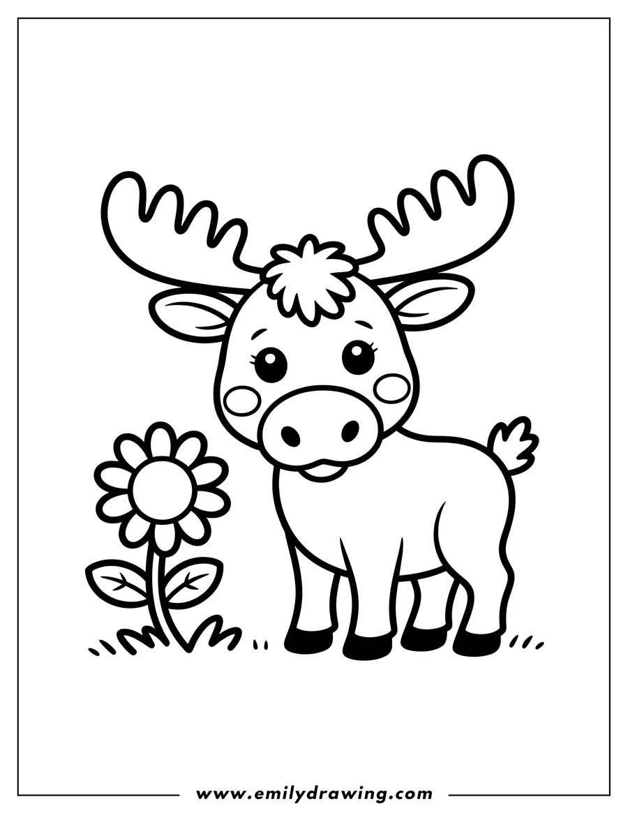 Outline of a moose standing near a flower. 