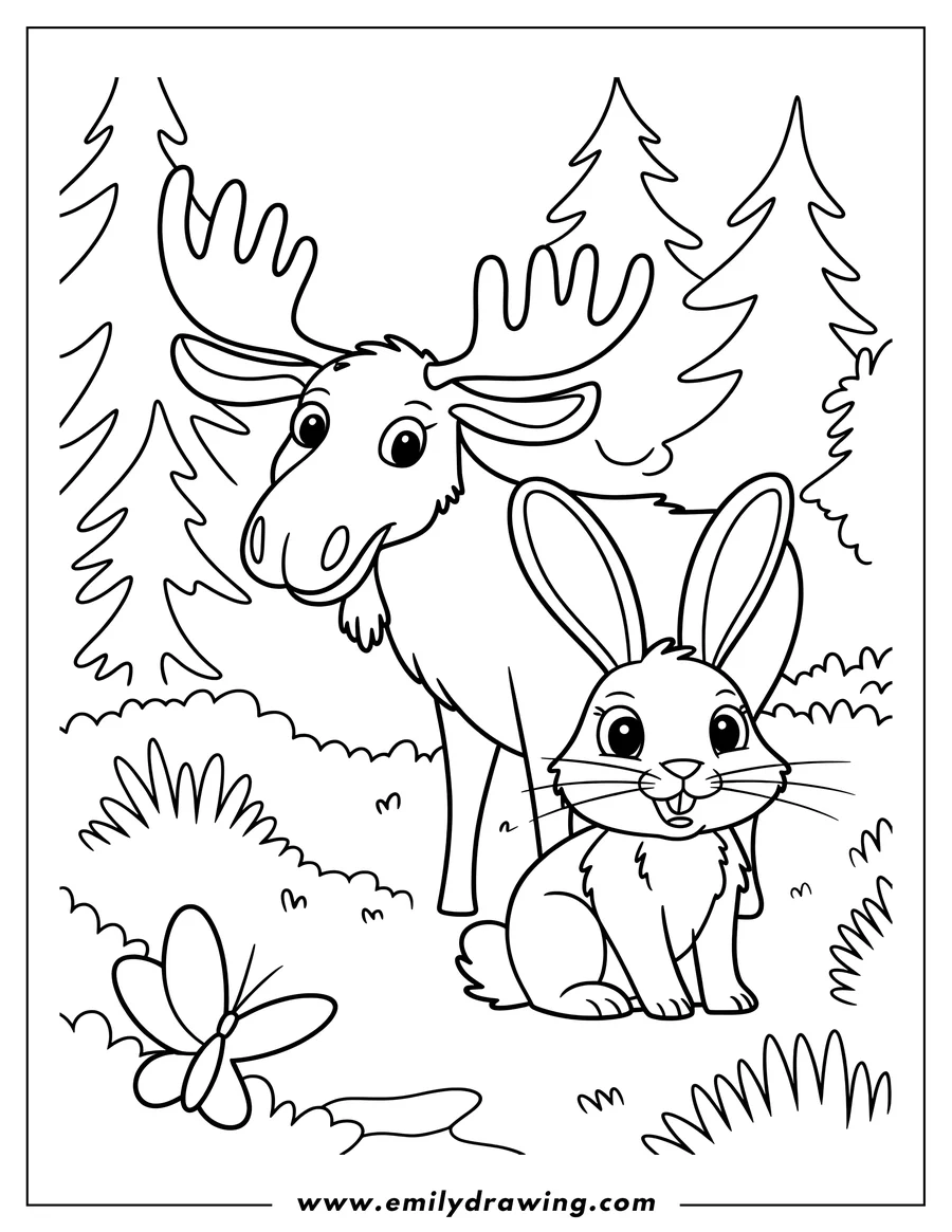 Outline of a moose and a rabbit in a forest setting with a butterfly and trees.