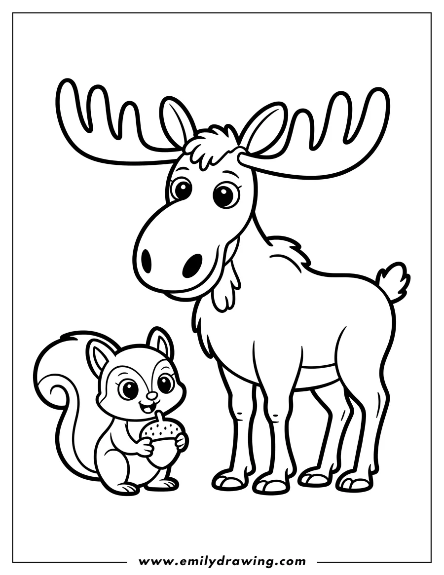 Line art of a moose and a squirrel. The moose is large with prominent antlers, while the smaller squirrel holds an acorn.