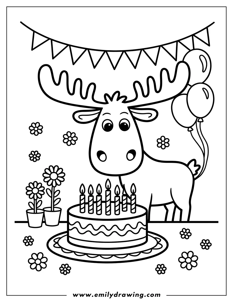 Outline of a moose with a birthday cake, candles, balloons, flowers, and party decorations.