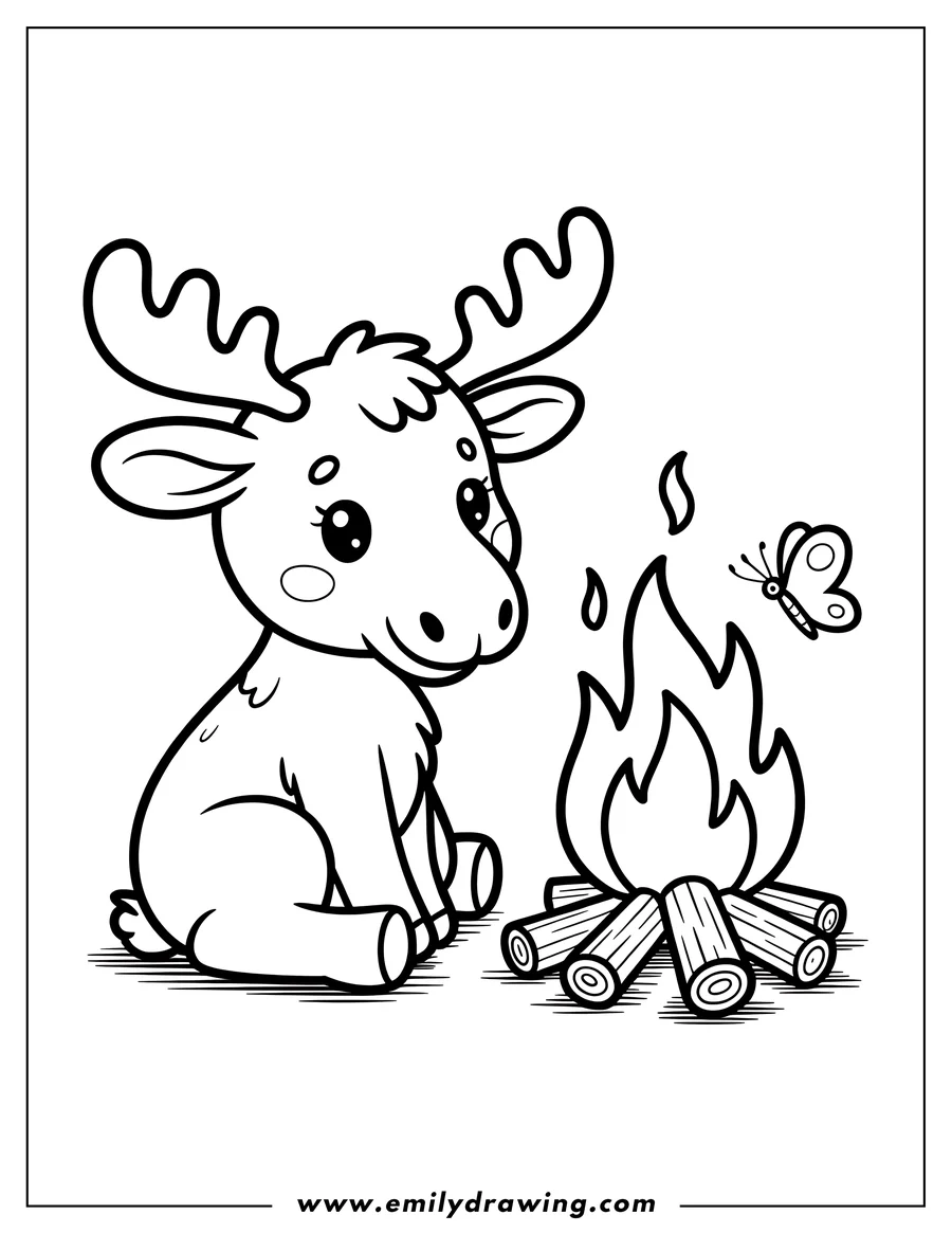 Outline of a moose sitting near a campfire with a butterfly nearby.