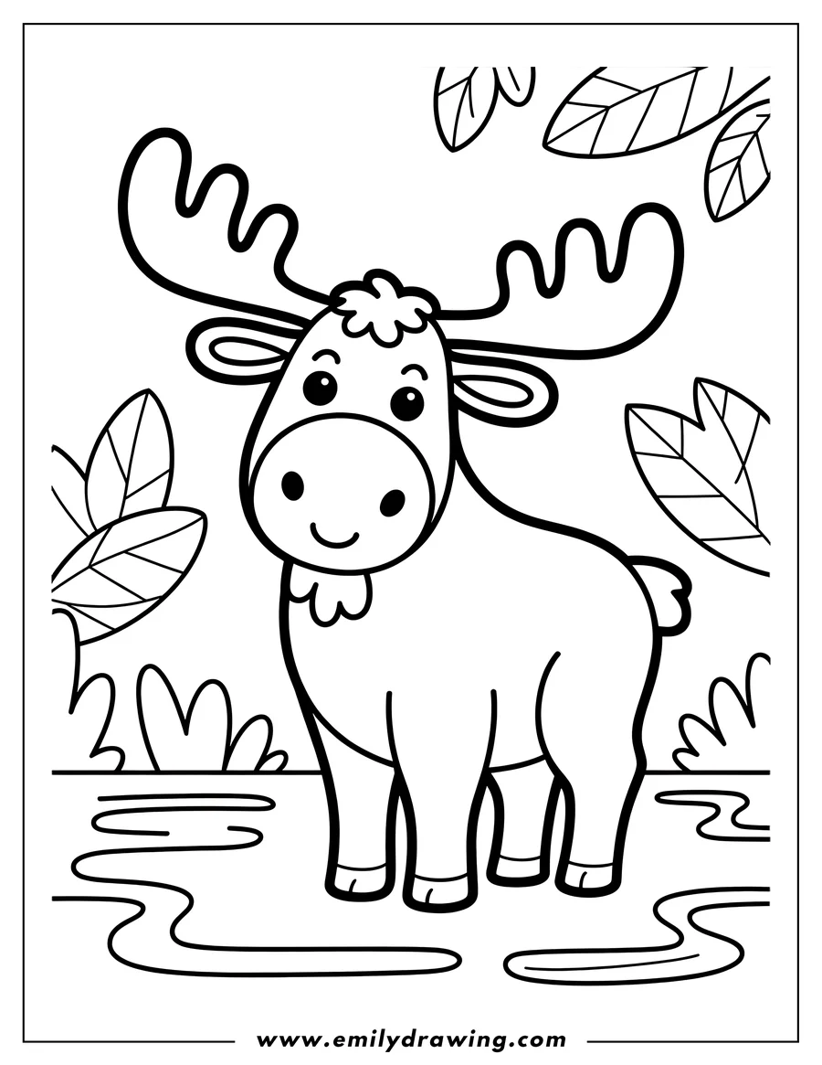 Outline of a moose standing by a river, with simple stylized leaves and grass around it.