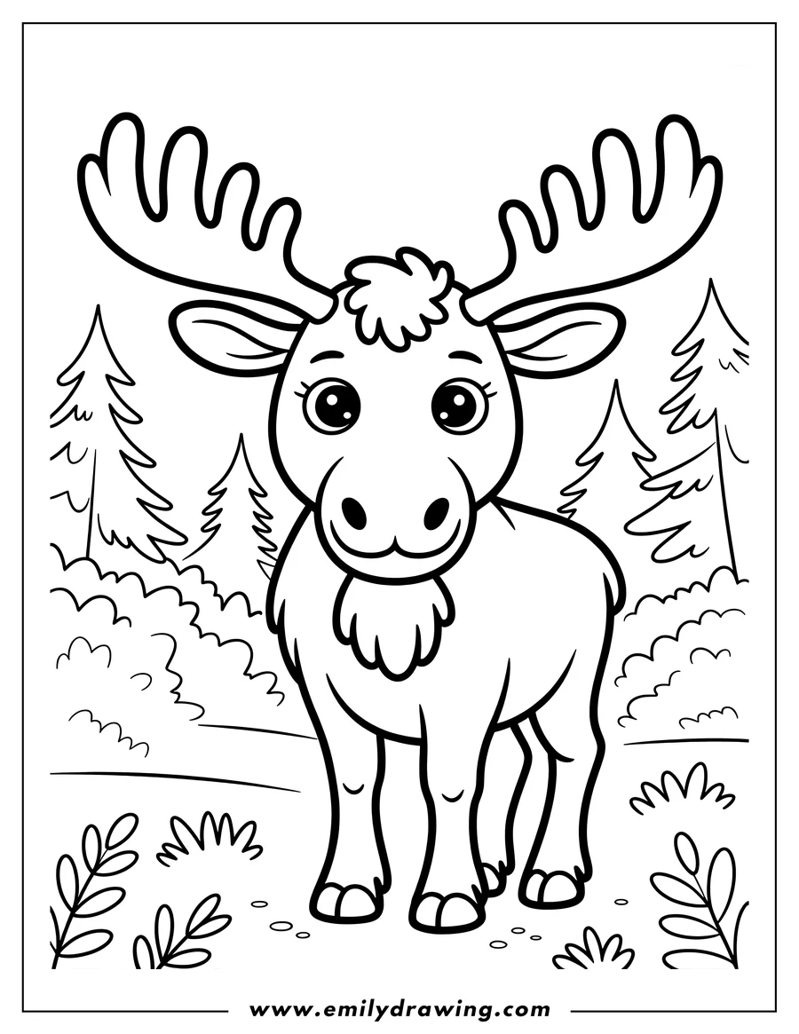 Line art of a moose standing by some trees and bushes.  The moose has large antlers and hooves. The moose has a patch of fur on its neck.